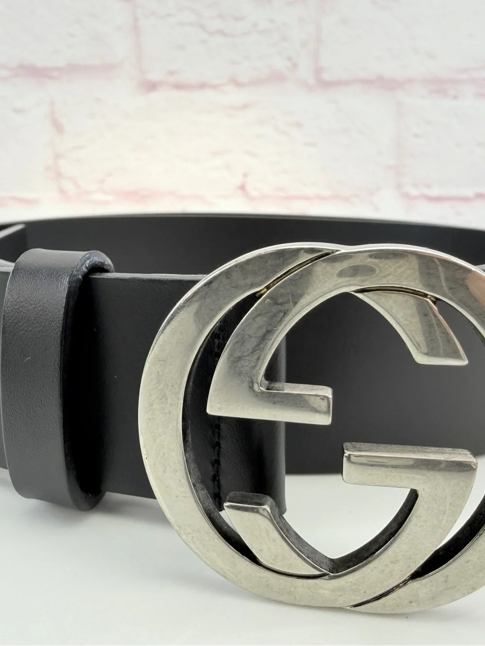Gucci Interlocking Gg Black Leather Belt Silver Hardware 368186 115/46”